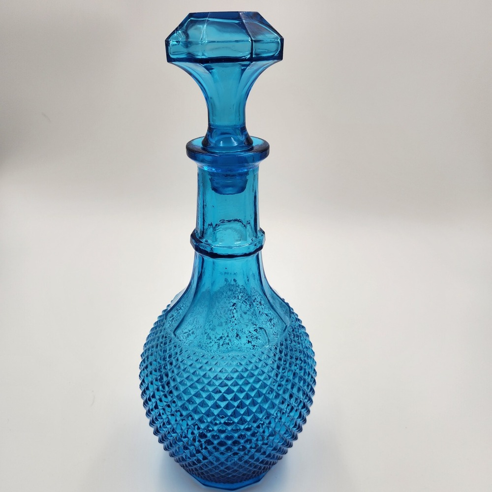 VTG Empoli Blue Glass Decanter Italian Diamond Point Genie Bottle Stopper 13"